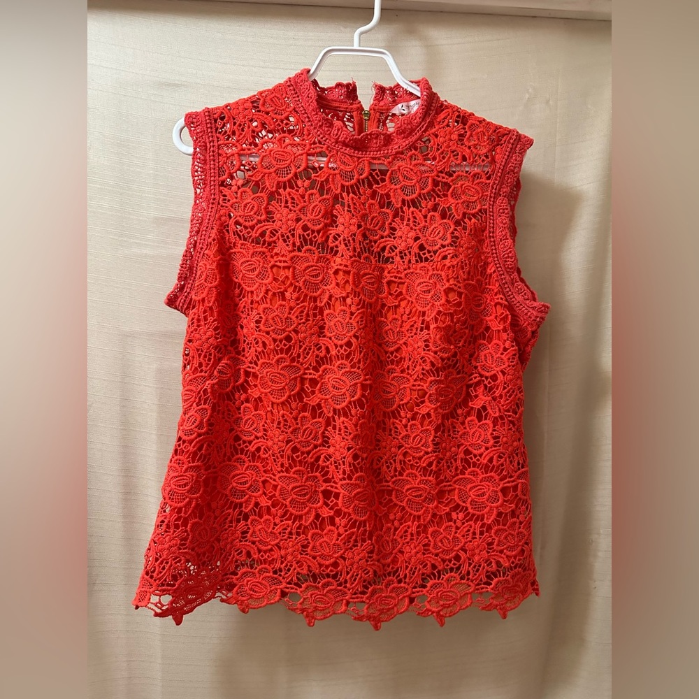 Nanette Lepore Coral Floral Lace Sleeveless Mock Neck Top Size Large